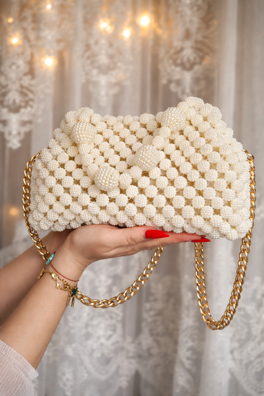 İnci muncuqlu əl işi zəncirli abiye çanta